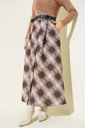 Button-Front Plaid Skirt, Beige