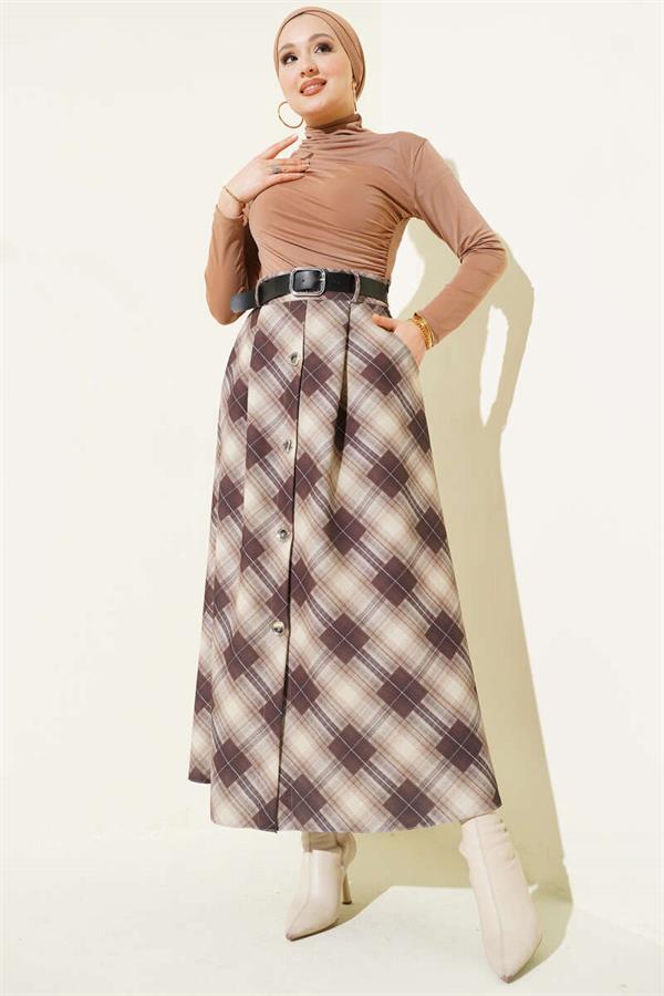 Button-Front Plaid Skirt, Beige