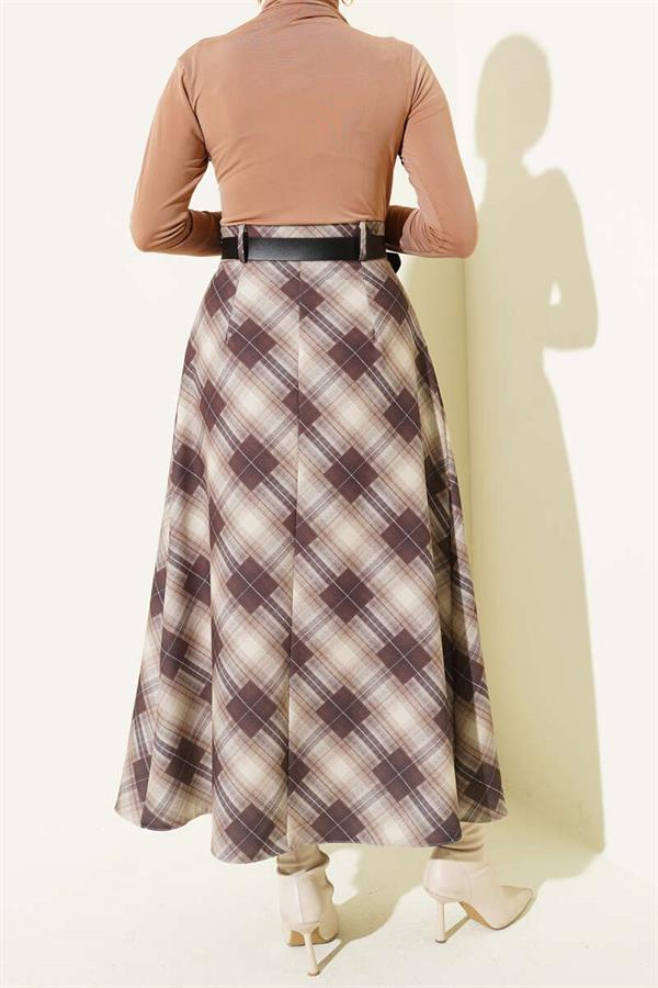 Button-Front Plaid Skirt, Beige
