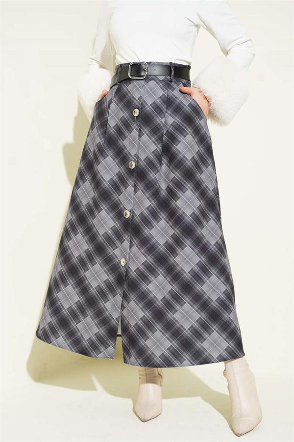 Button-Front Plaid Skirt, Smoke Grey