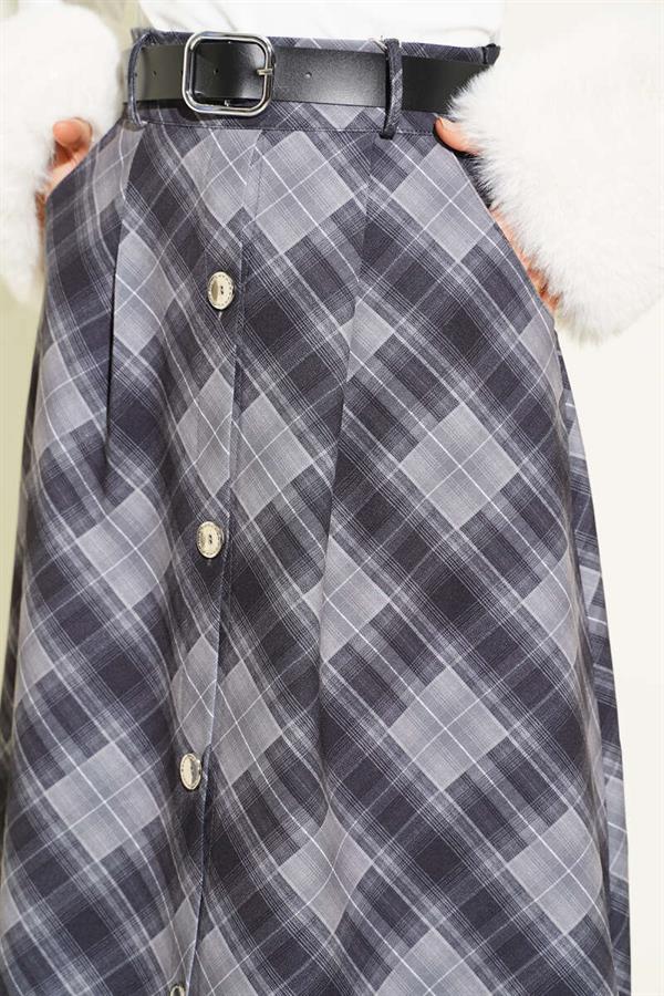 Button-Front Plaid Skirt, Smoke Grey