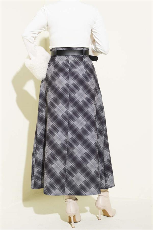 Button-Front Plaid Skirt, Smoke Grey
