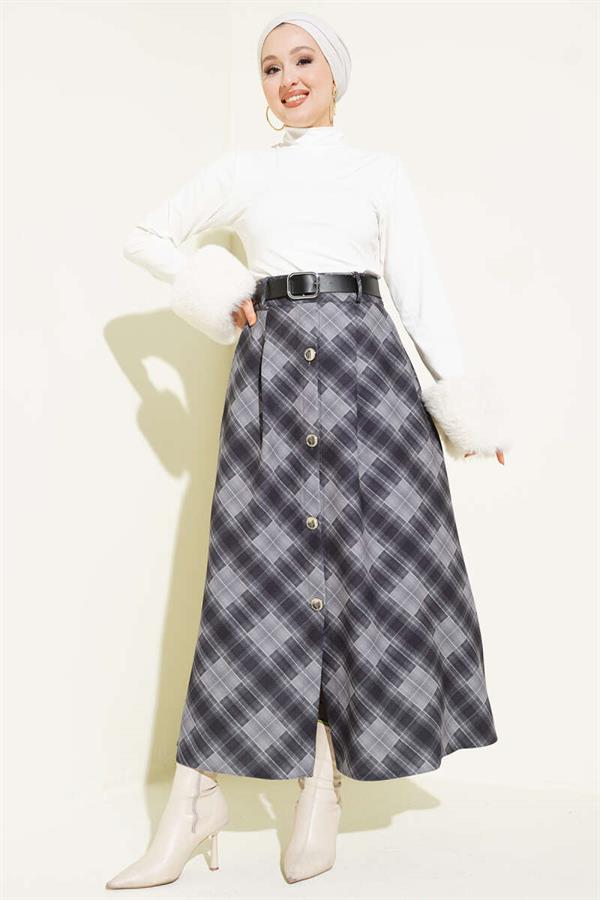Button-Front Plaid Skirt, Smoke Grey