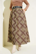 Button-Front Plaid Skirt, Khaki
