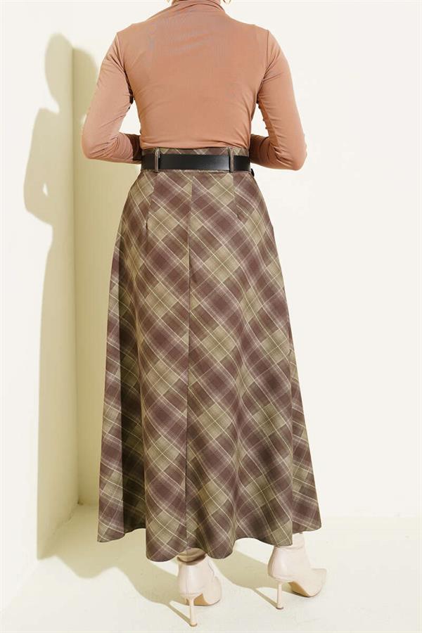 Button-Front Plaid Skirt, Khaki