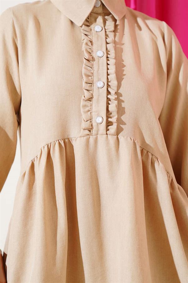 Buttoned Front Ruffle 2 Piece Set Beige