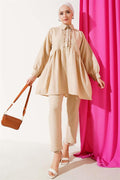 Buttoned Front Ruffle 2 Piece Set Beige