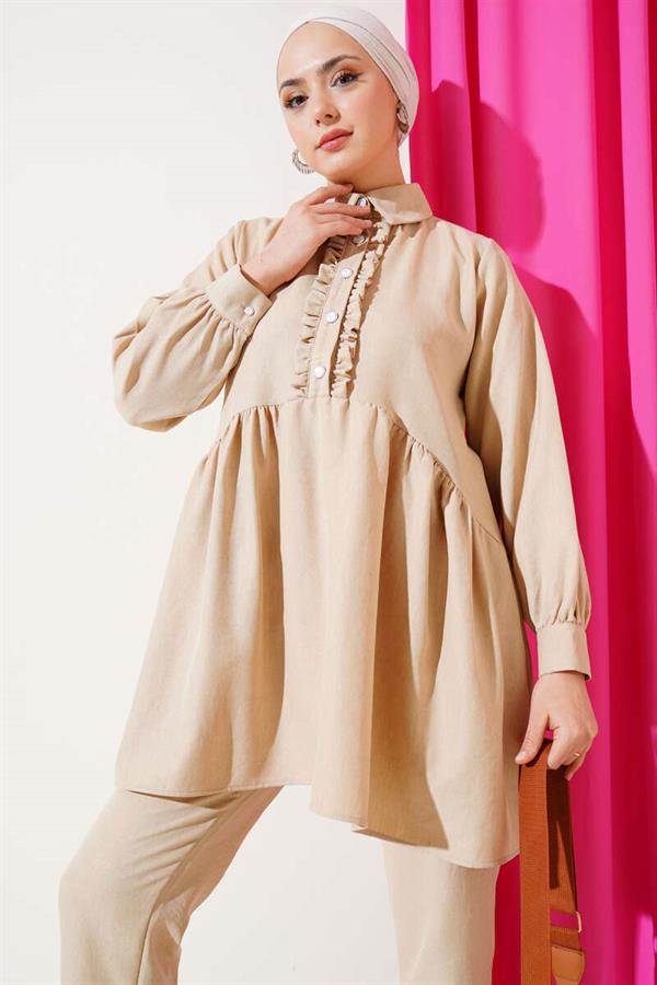 Buttoned Front Ruffle 2 Piece Set Beige