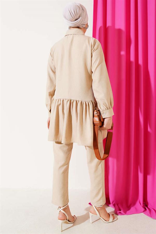 Buttoned Front Ruffle 2 Piece Set Beige