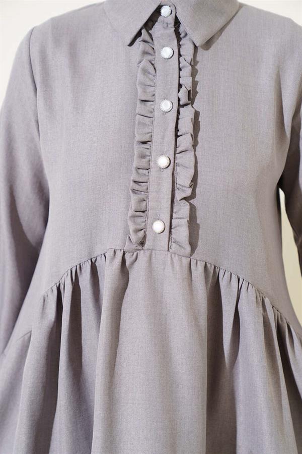Buttoned Front Ruffle 2 Piece Set Gray