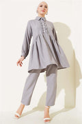 Buttoned Front Ruffle 2 Piece Set Gray
