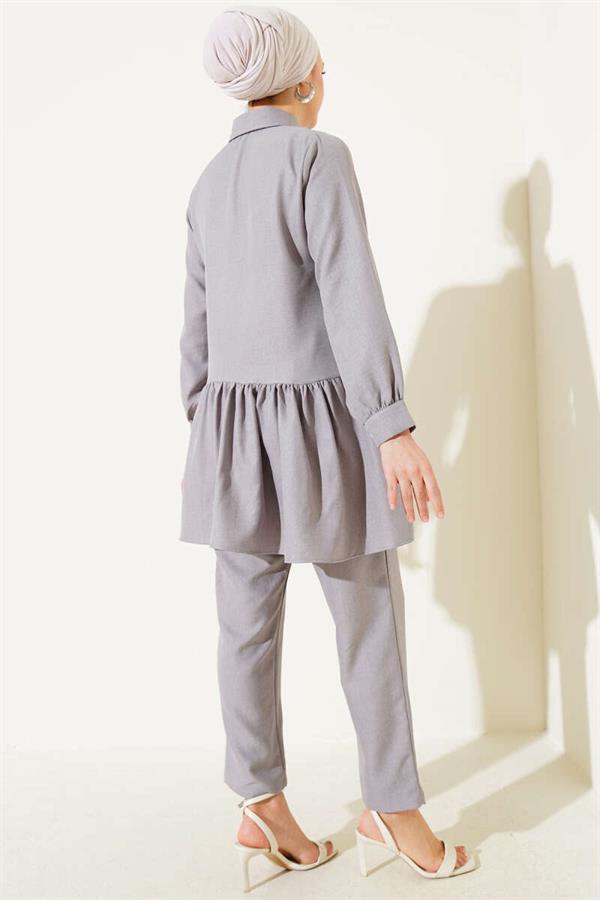 Buttoned Front Ruffle 2 Piece Set Gray