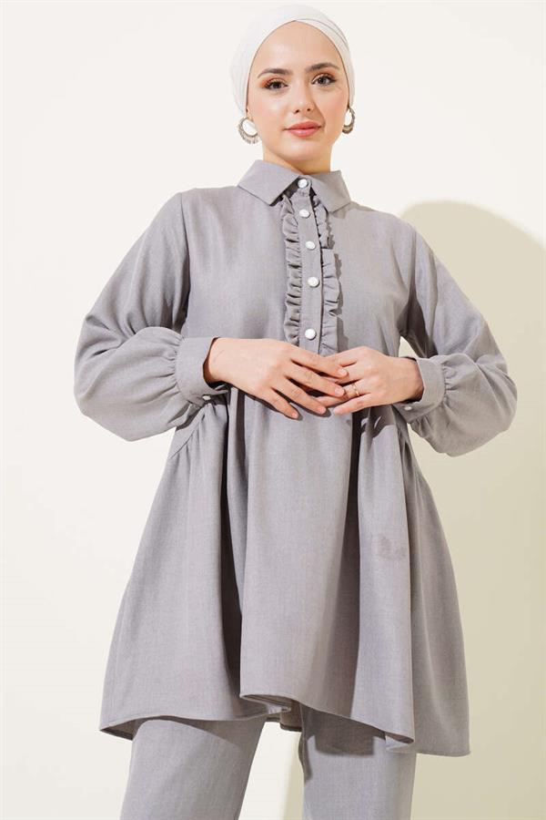 Buttoned Front Ruffle 2 Piece Set Gray