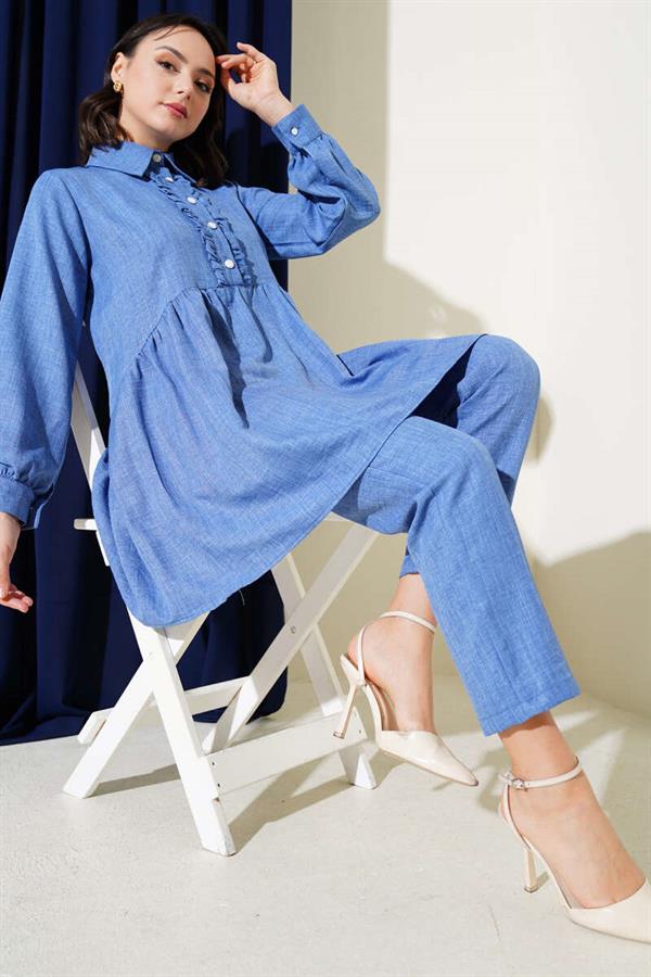 Buttoned Front Ruffle 2 Piece Set Indigo