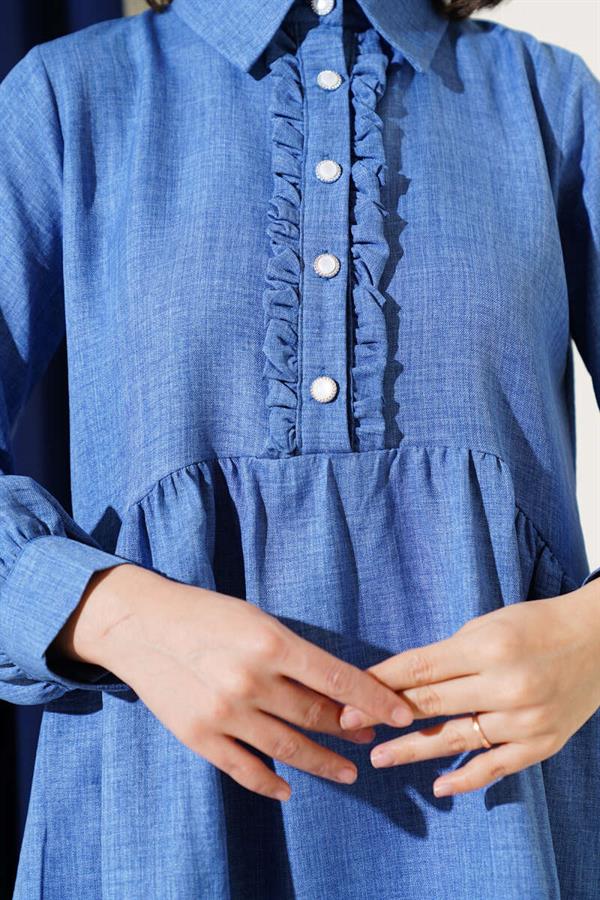 Buttoned Front Ruffle 2 Piece Set Indigo