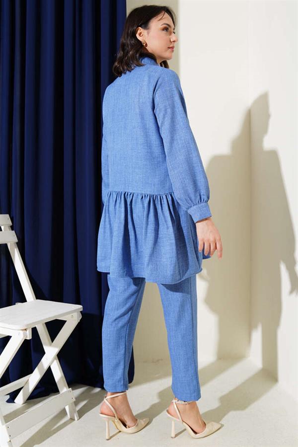 Buttoned Front Ruffle 2 Piece Set Indigo