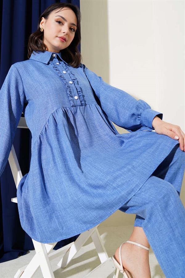 Buttoned Front Ruffle 2 Piece Set Indigo