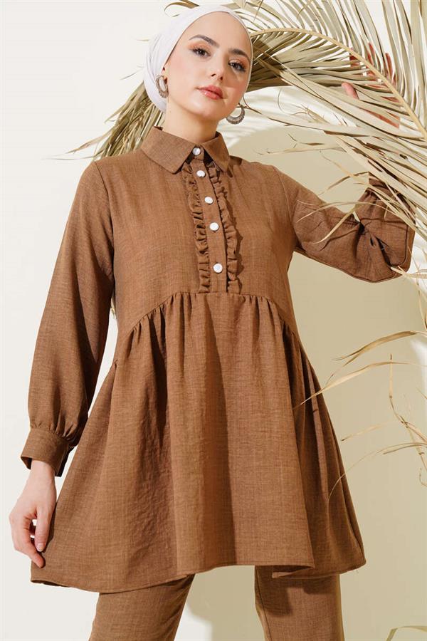 Buttoned Front Ruffle 2 Piece Set Brown