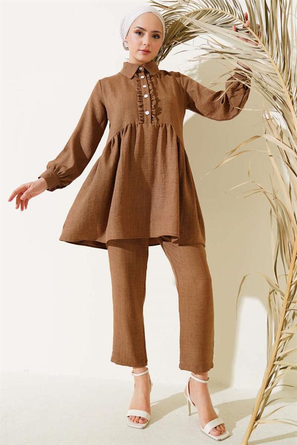 Buttoned Front Ruffle 2 Piece Set Brown