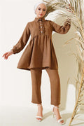 Buttoned Front Ruffle 2 Piece Set Brown