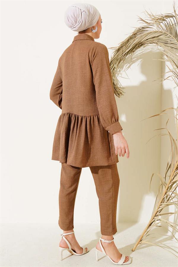 Buttoned Front Ruffle 2 Piece Set Brown