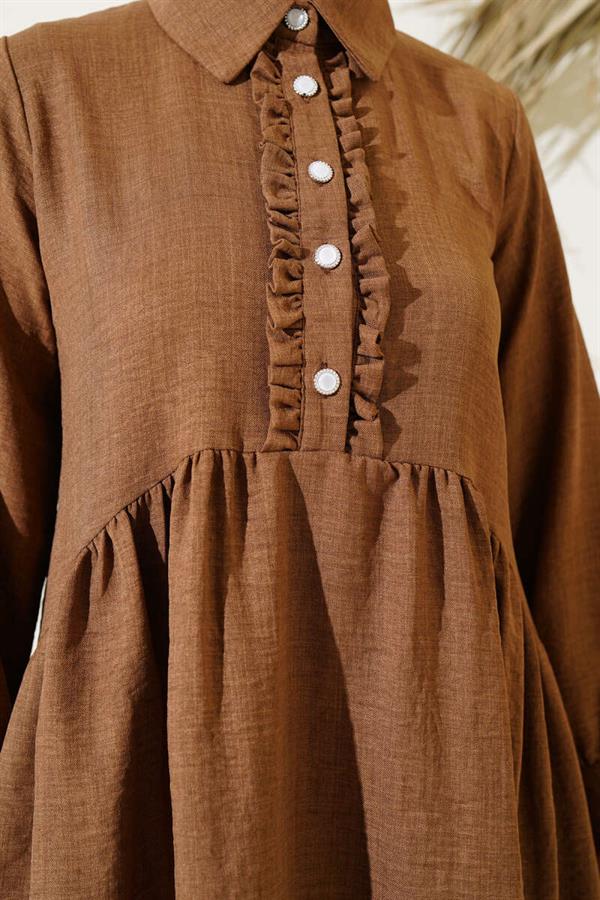 Buttoned Front Ruffle 2 Piece Set Brown