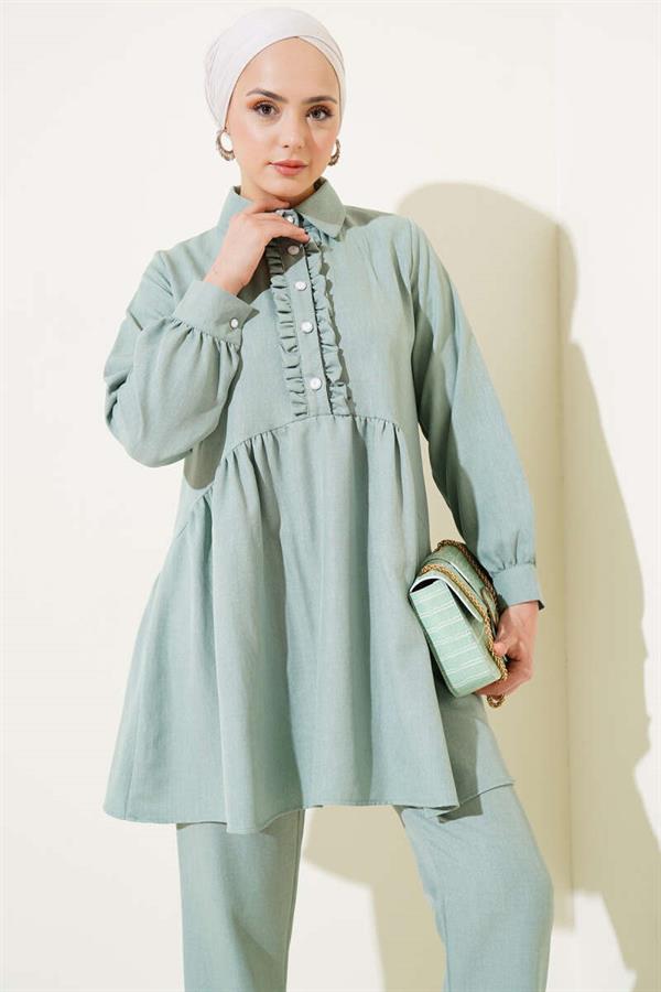 Buttoned Front Ruffle 2 Piece Set Mint
