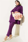 Buttoned Front Ruffle 2 Piece Set Purple