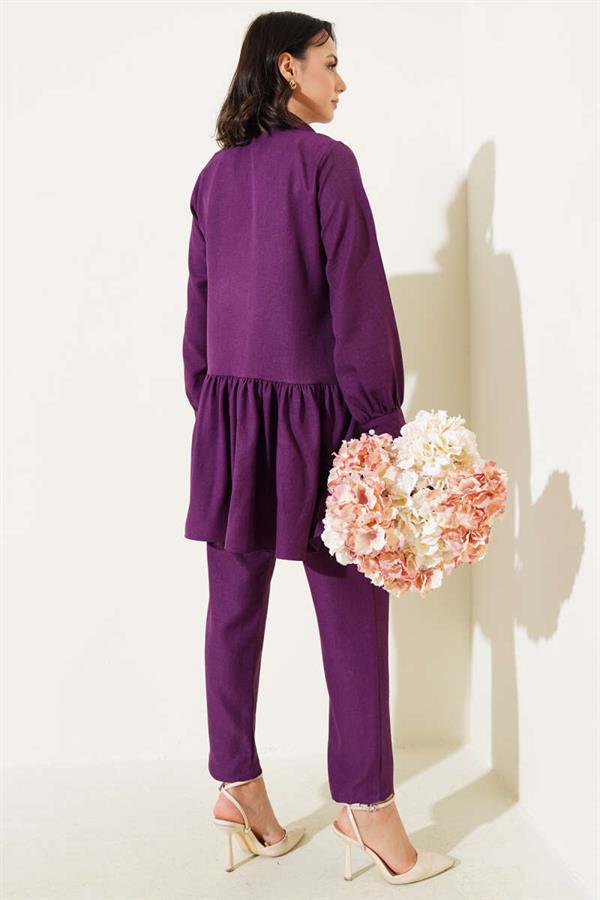 Buttoned Front Ruffle 2 Piece Set Purple