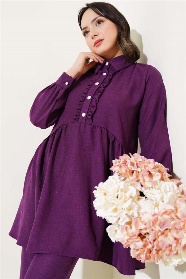 Buttoned Front Ruffle 2 Piece Set Purple