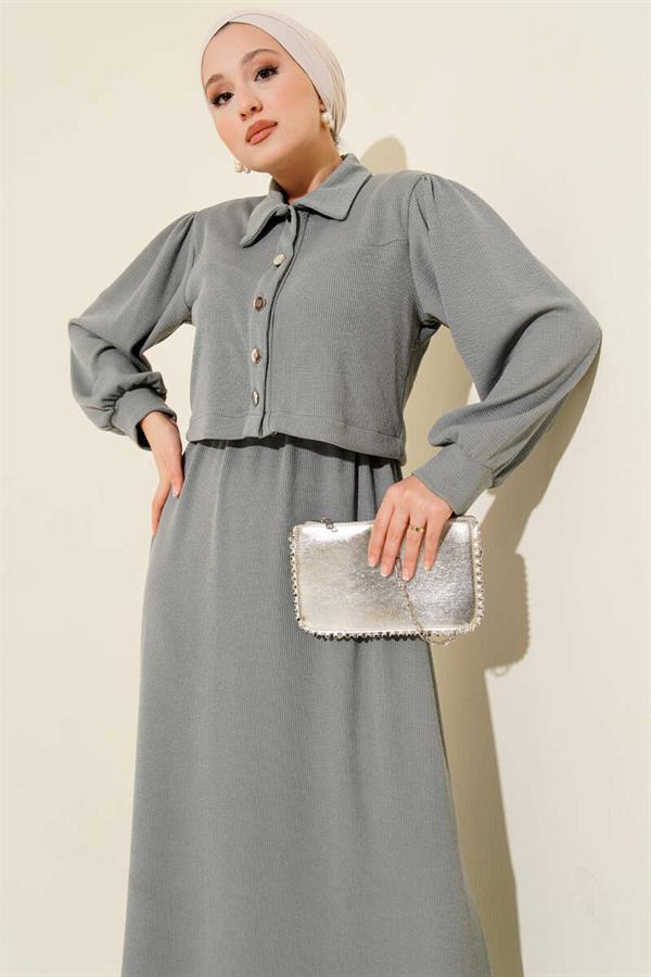 Buttoned Front 2 Piece Set Gray