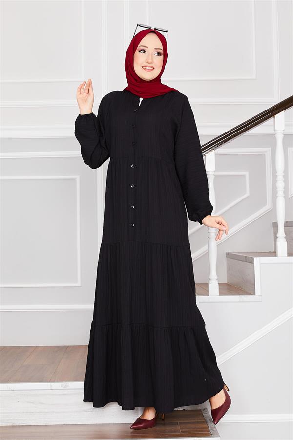 Front Buttoned Layered Hijab Dress Black