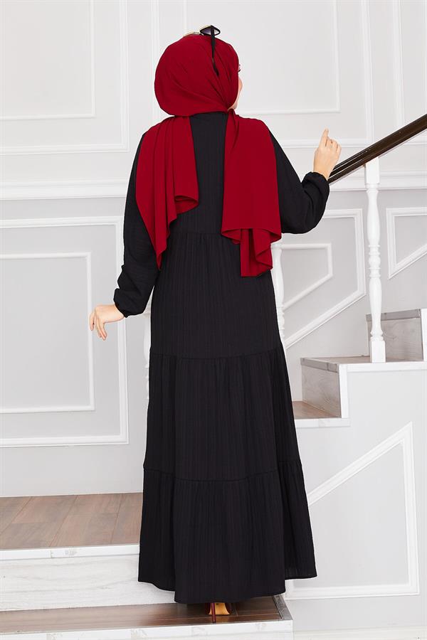 Front Buttoned Layered Hijab Dress Black