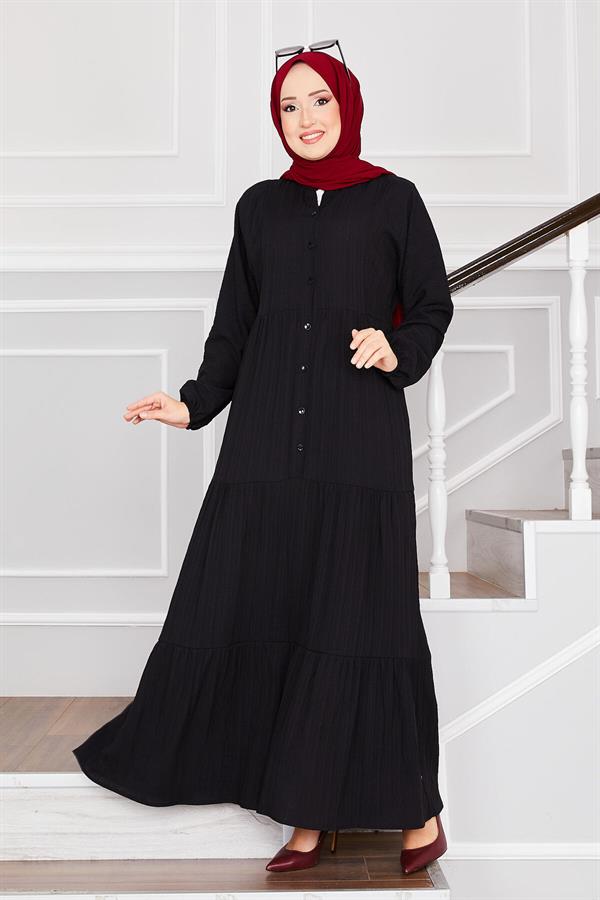 Front Buttoned Layered Hijab Dress Black