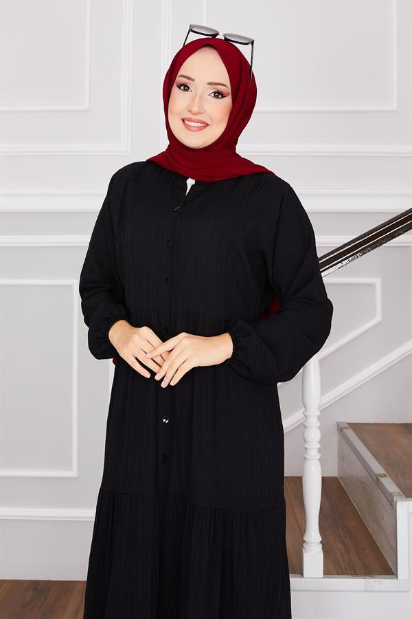 Front Buttoned Layered Hijab Dress Black
