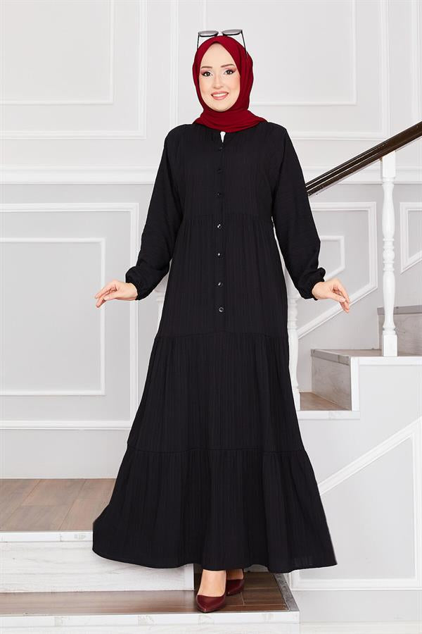Front Buttoned Layered Hijab Dress Black