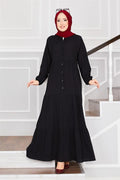 Front Buttoned Layered Hijab Dress Black