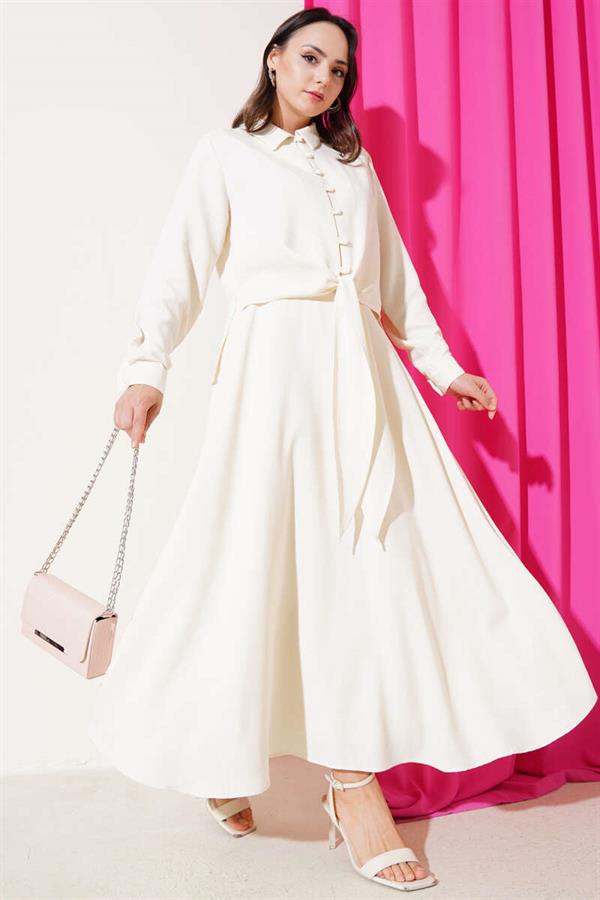 Buttoned Front Linen 2 Piece Set Cream