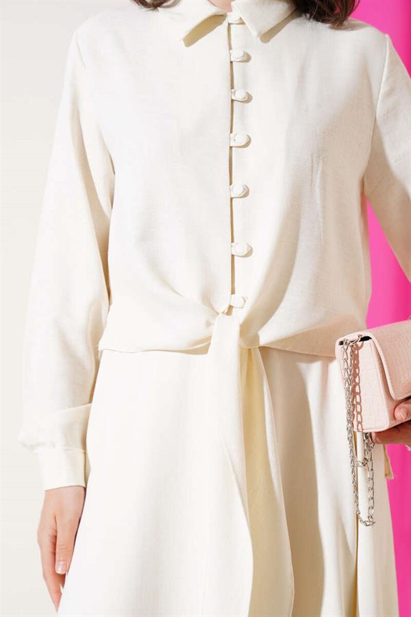 Buttoned Front Linen 2 Piece Set Cream