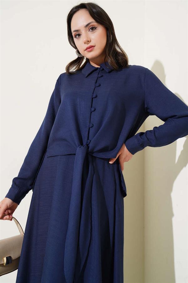 Linen 2 Piece Set with Buttons on the Front, Navy Blue