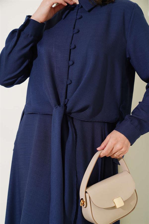 Linen 2 Piece Set with Buttons on the Front, Navy Blue