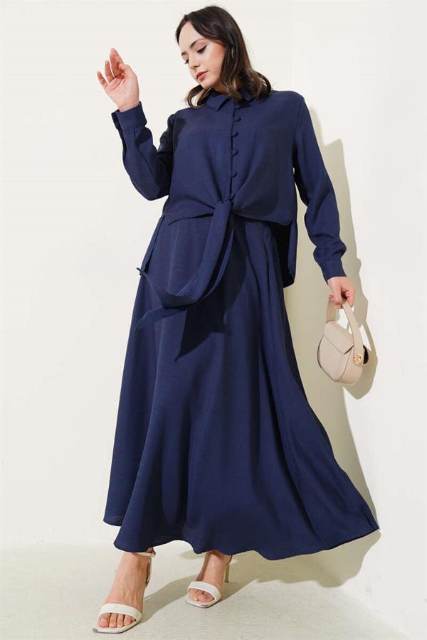 Linen 2 Piece Set with Buttons on the Front, Navy Blue