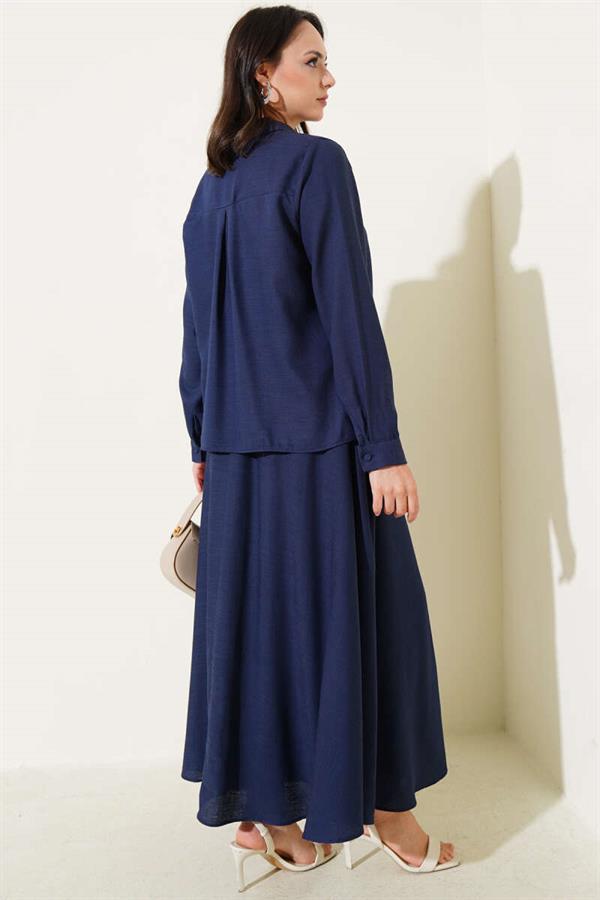 Linen 2 Piece Set with Buttons on the Front, Navy Blue