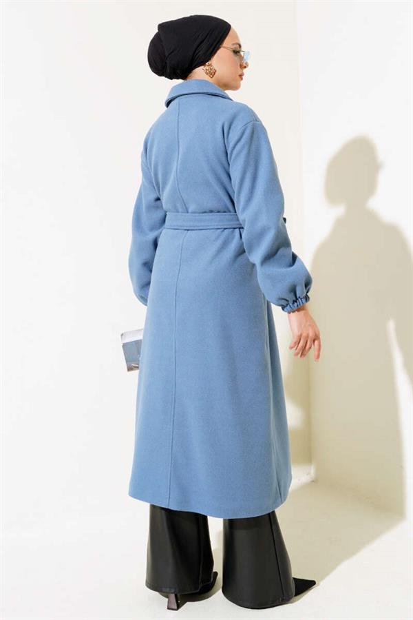 Belted Cashmere Coat with Buttons in Front Indigo