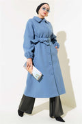 Belted Cashmere Coat with Buttons in Front Indigo