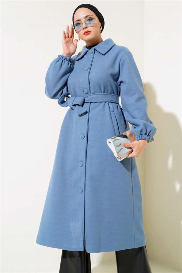 Belted Cashmere Coat with Buttons in Front Indigo
