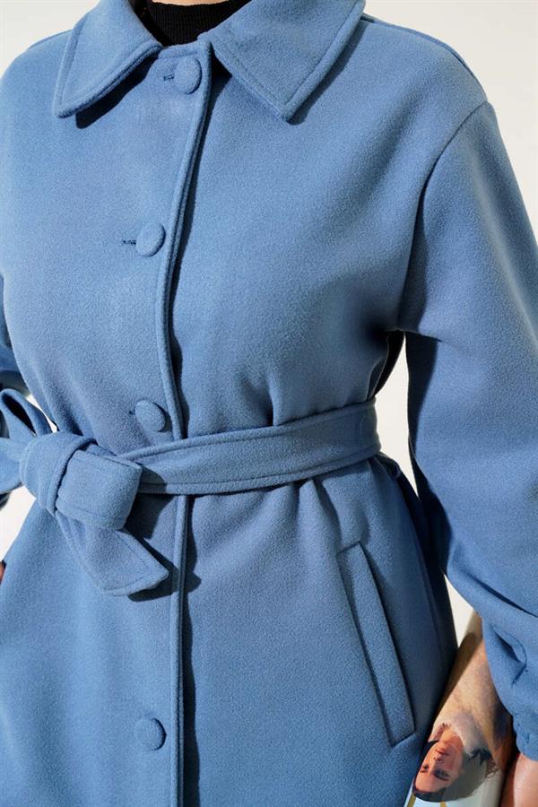 Belted Cashmere Coat with Buttons in Front Indigo