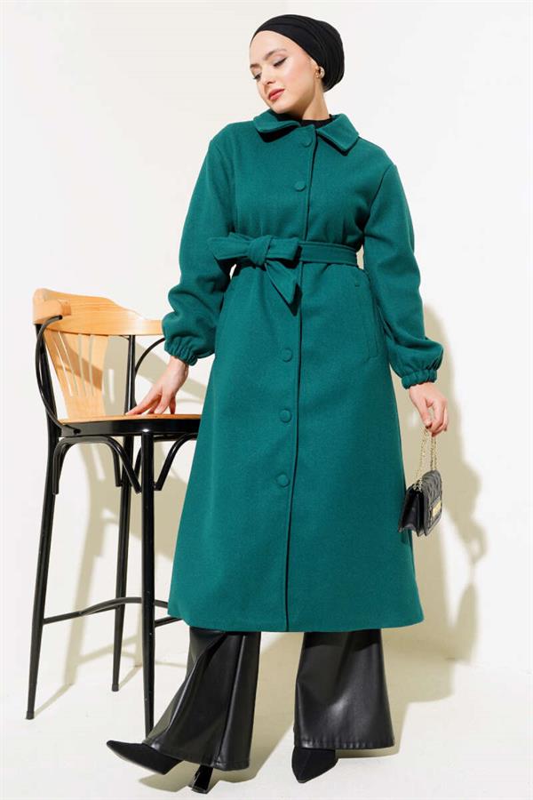 Buttoned Front Belted Cashmere Coat Emerald