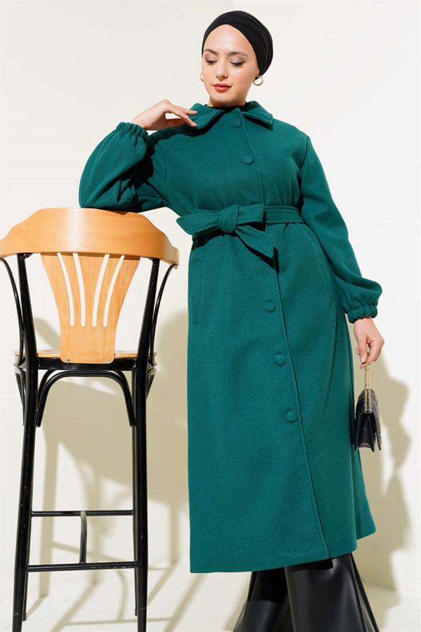 Buttoned Front Belted Cashmere Coat Emerald