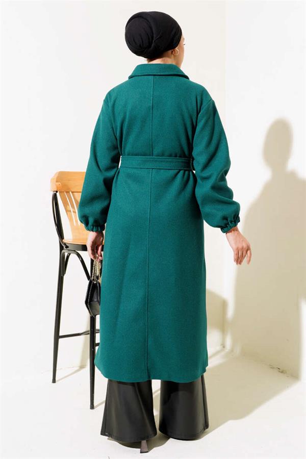 Buttoned Front Belted Cashmere Coat Emerald
